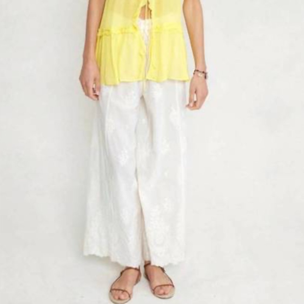 Chan Luu White Wide-Leg Embroidered Pants